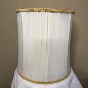 Lamp Shade Pleated Drum Ivory Color Gold Ribbon 12” tall 15” wide Vintage MCM